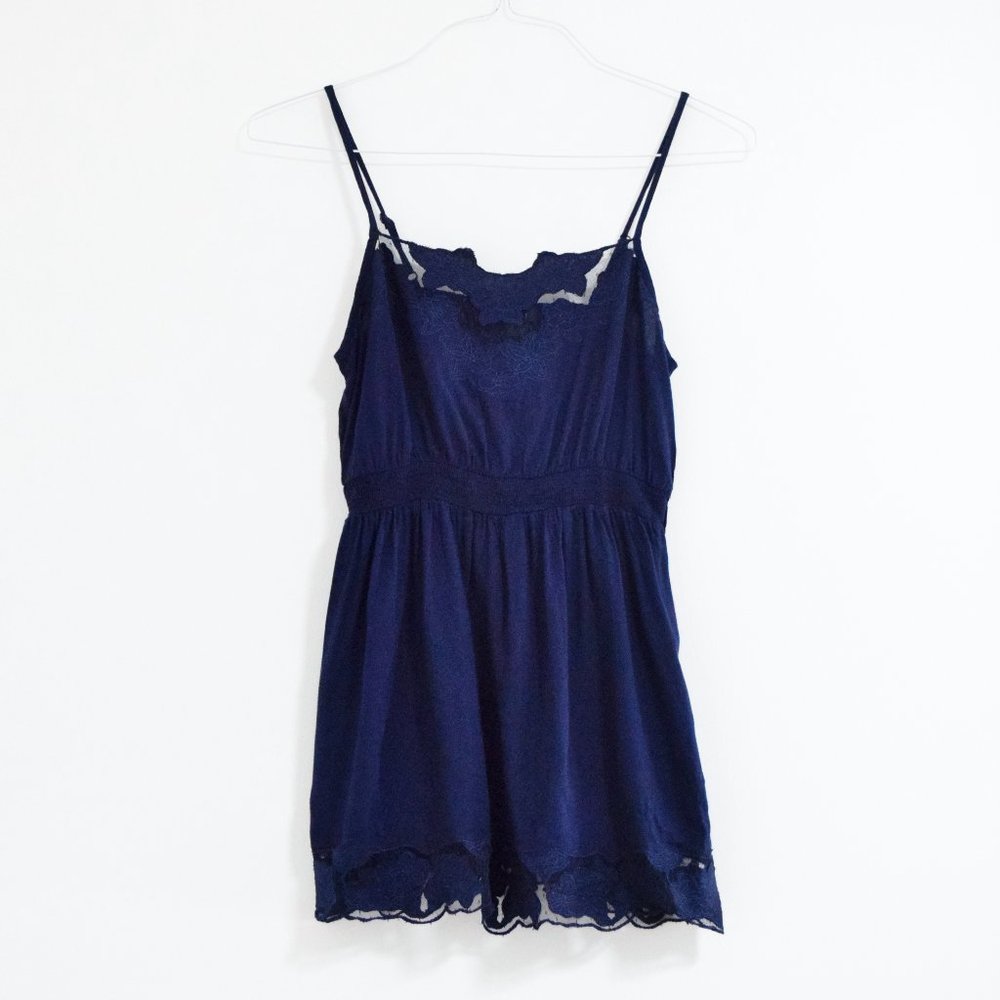 Navy Blue Embroidered Floral Lace Mesh Trimmed Tunic Tank Top | Size S
